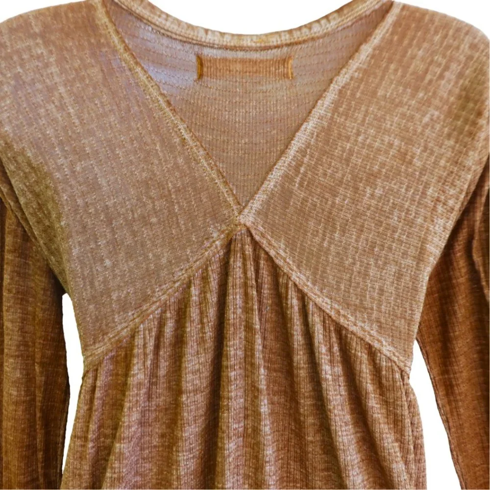 We The Free People Brown Babydoll Henley Swing Long Sleeve Oversized Thermal S